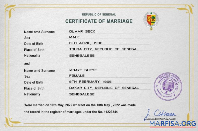 Downloadable Senegal marriage certificate PSD template